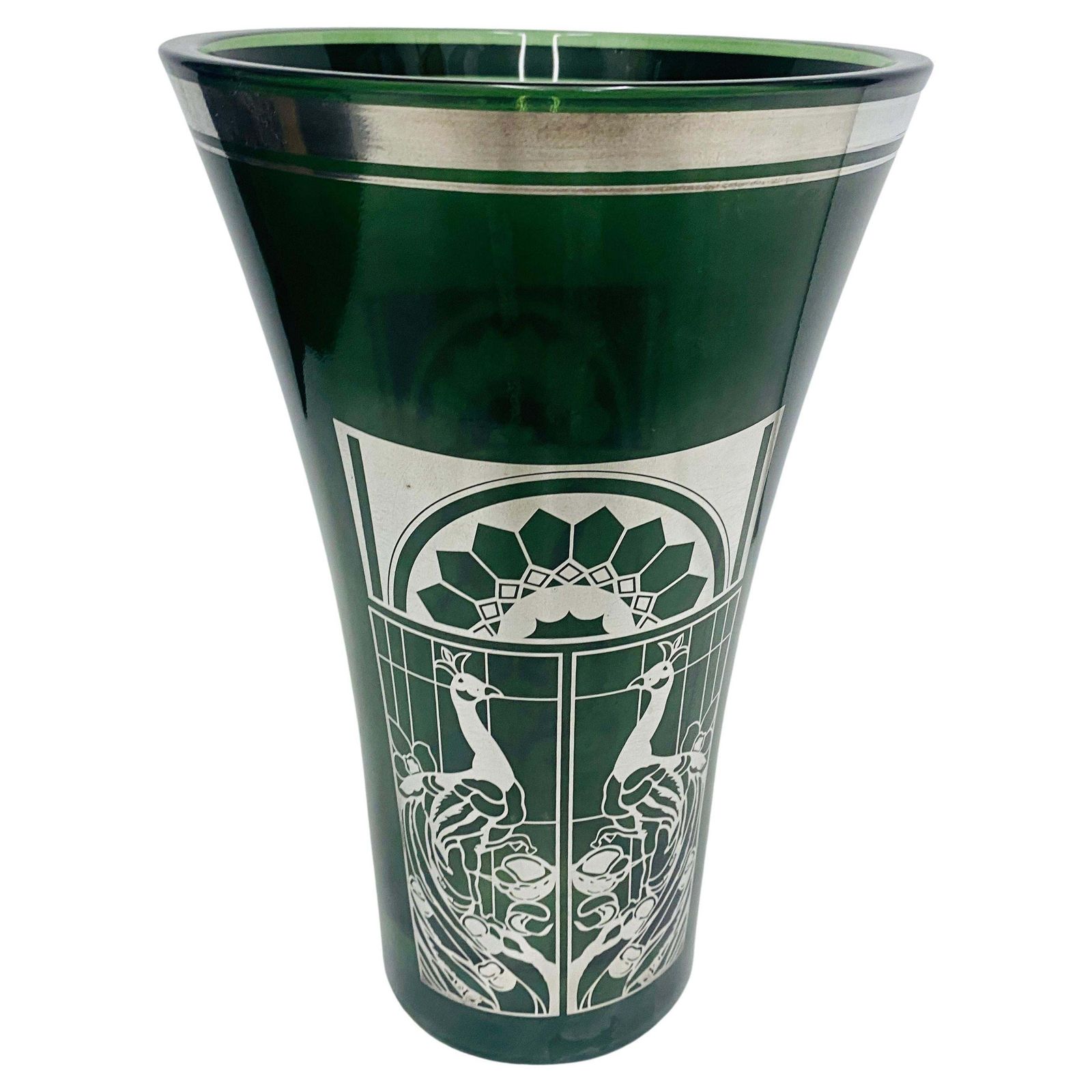 1900 Art Nouveau Green Glass And Silver Italian Vase