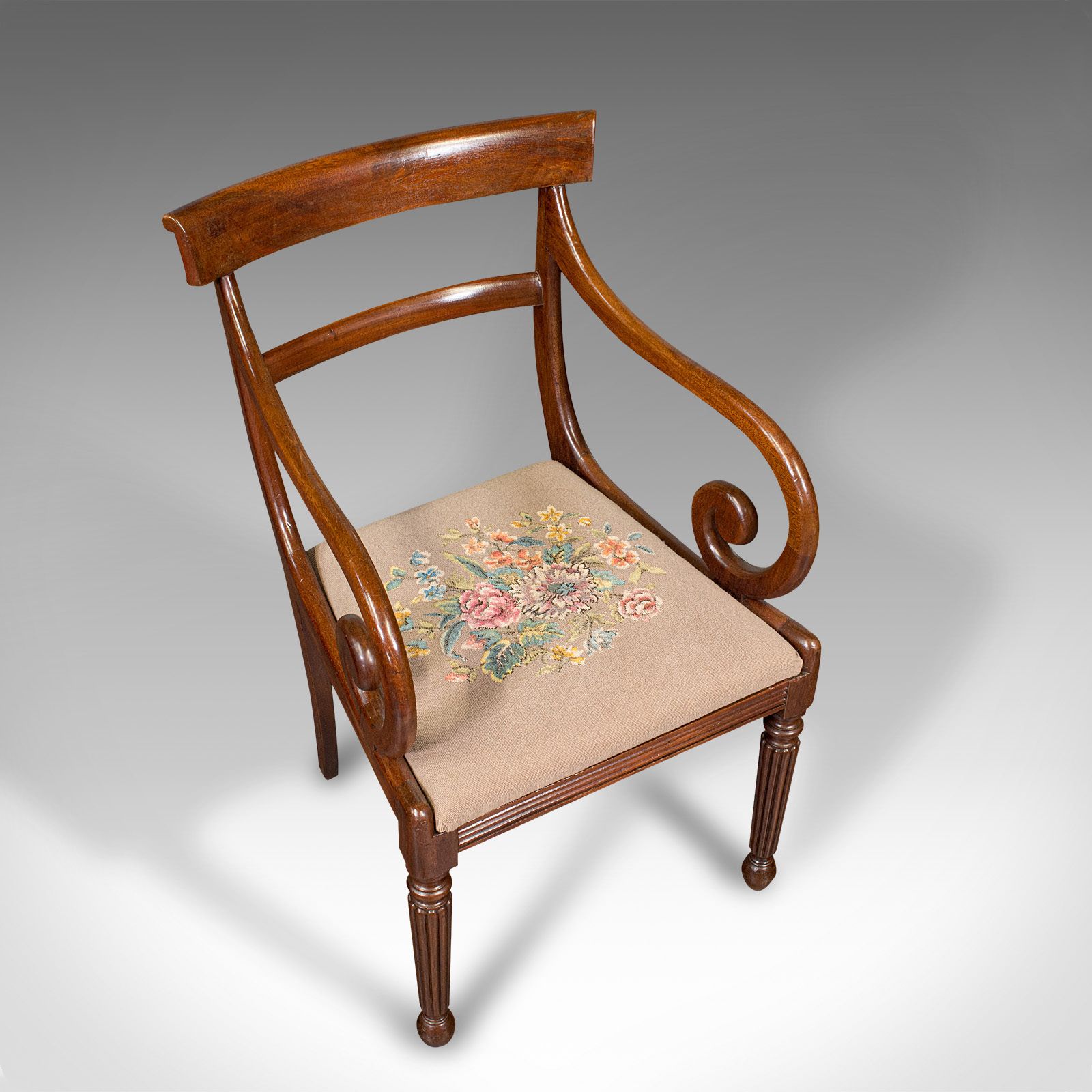 Antique Elbow Chair, English, Armchair, Needlepoint, Drop In Seat photo vinterior
