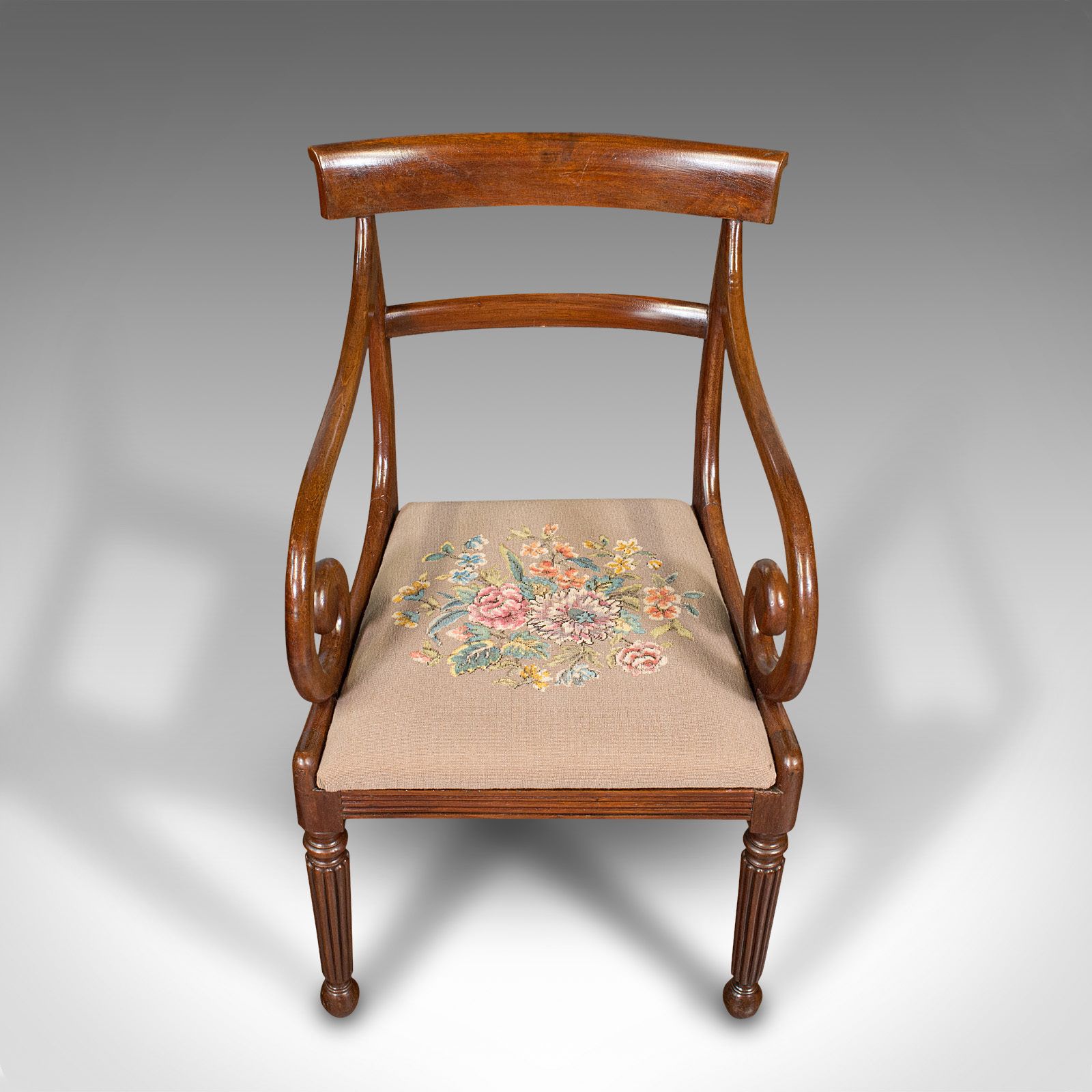 Antique Elbow Chair, English, Armchair, Needlepoint, Drop In Seat photo vintage