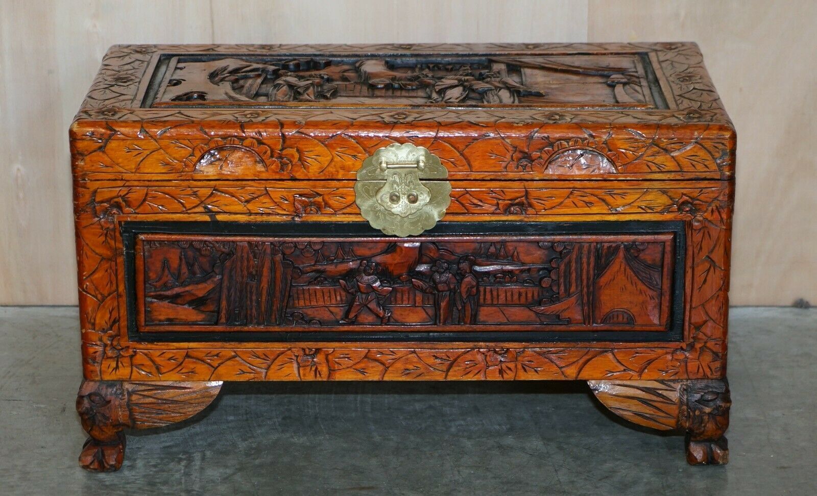 Antique Circa 1900 Hand Carved Chinese Camphor Wood Travelling Trunk Nice Finish photo for sale
