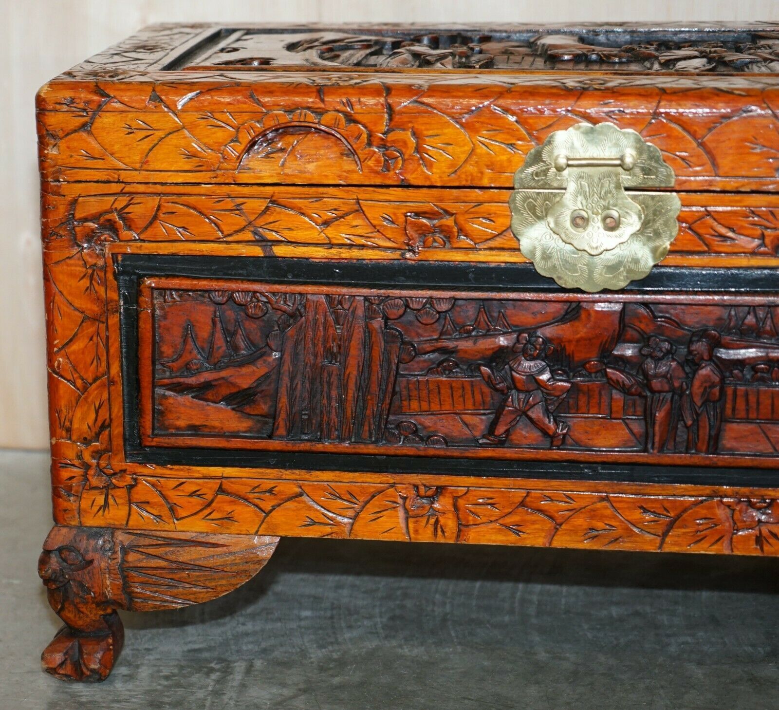 Antique Circa 1900 Hand Carved Chinese Camphor Wood Travelling Trunk Nice Finish photo buy