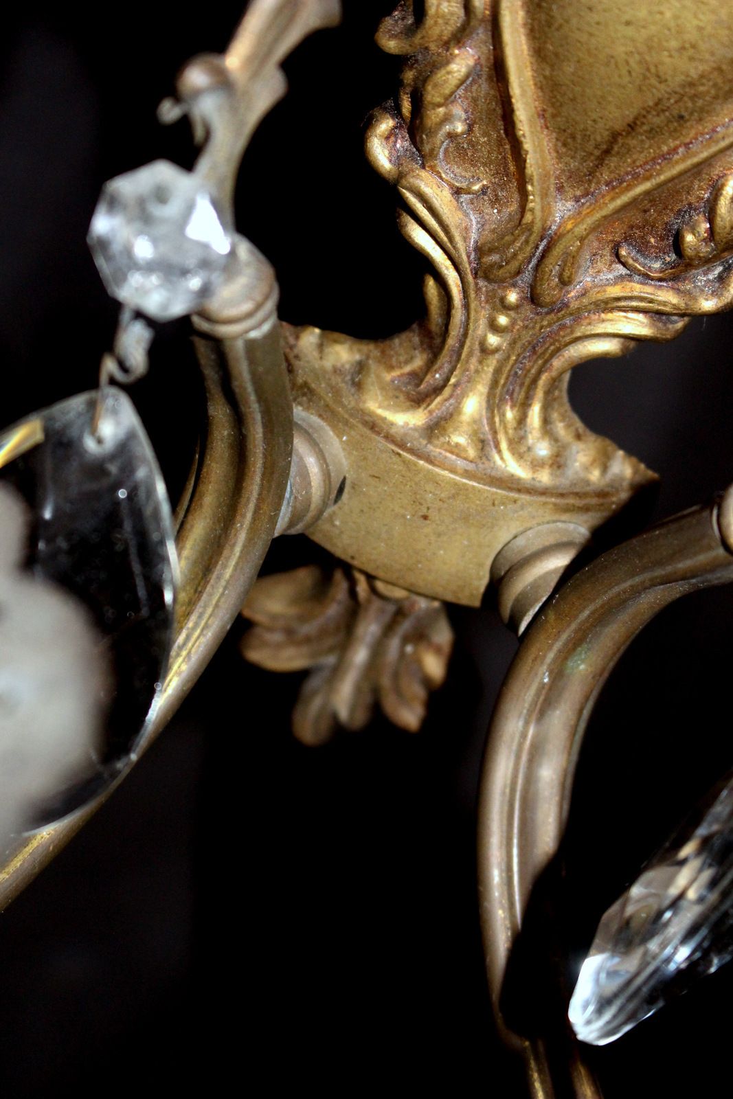 Antique Brass Rococo French Wall Light Scones Paris Chateau Wt Glass Stones photo vinterior