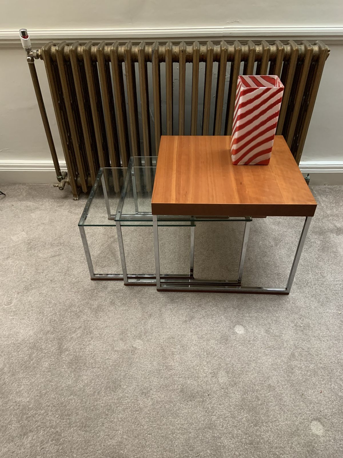 Mid Century Teak Chrome & Glass Nest Of Tables photo vinterior