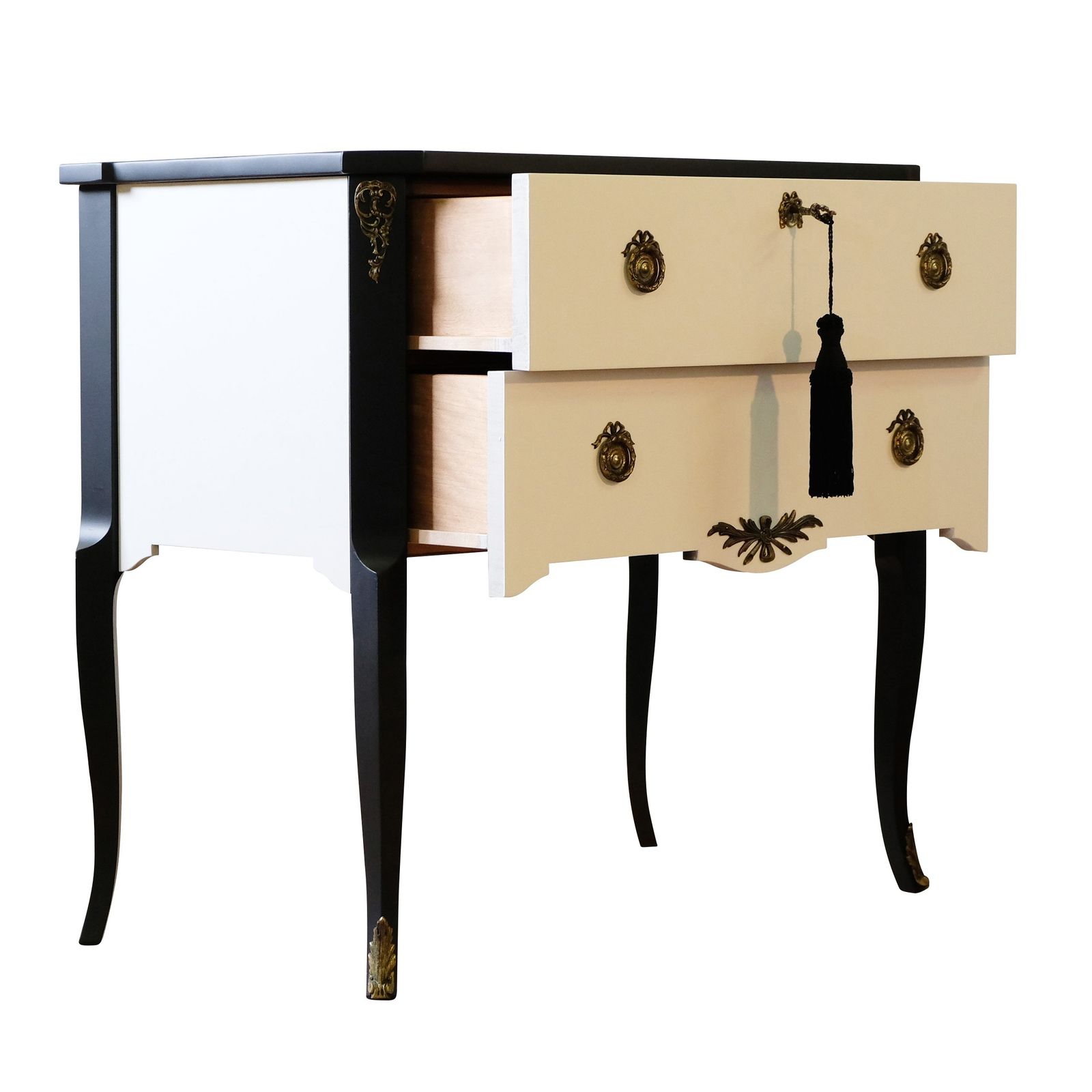 Gustavian Style Commode In Coco Chanel White With Black Details & Brass Details photo vintage