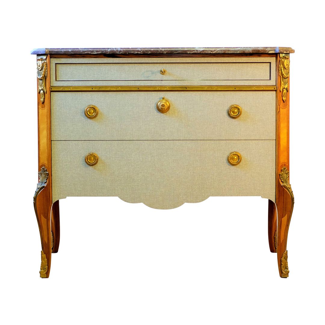 Gustavian Haupt Chest With Three Drawers With A Linen Fabric Design