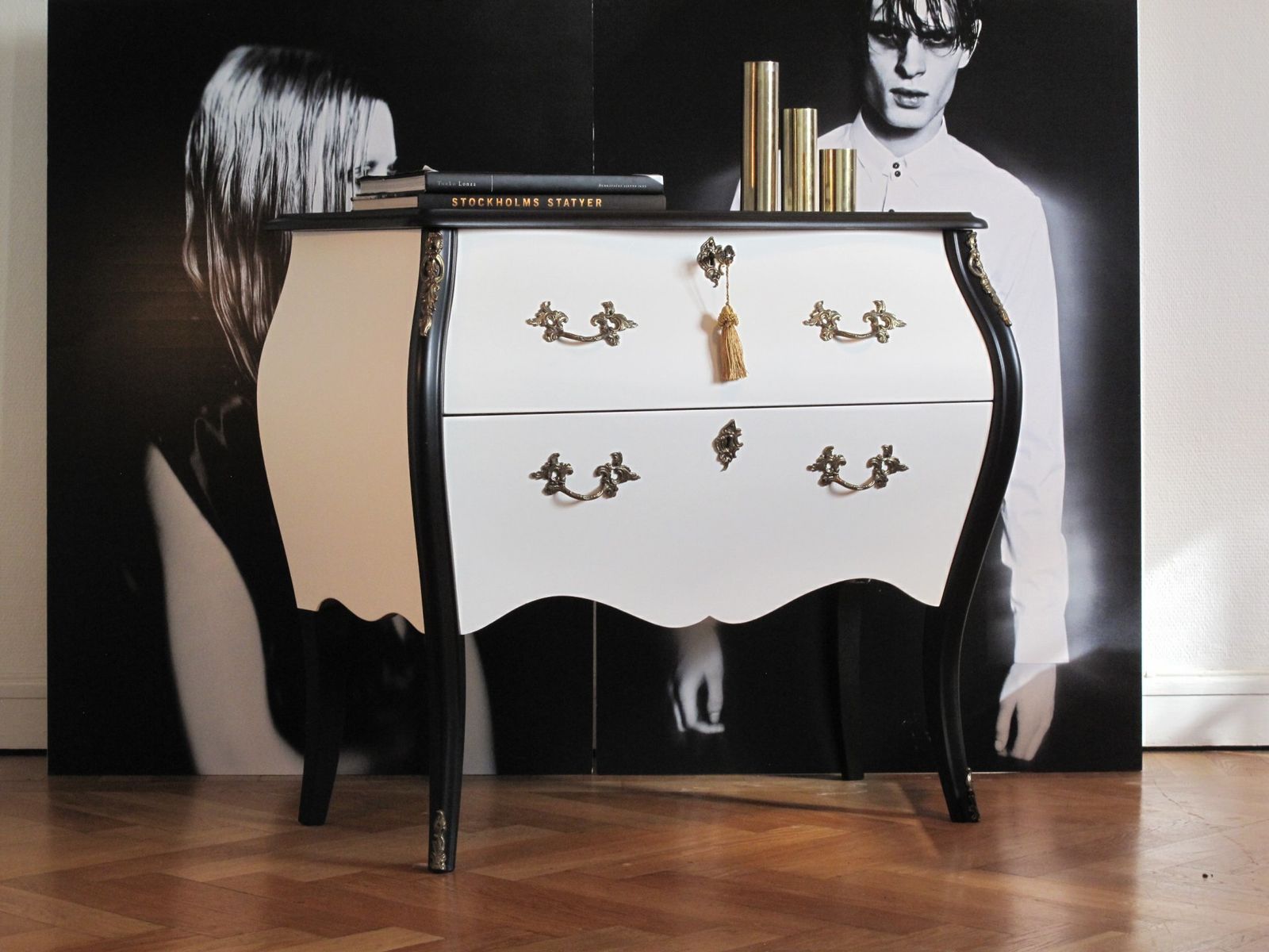 Rococo Two Drawer Chest In Classic White & Black With Marble Top photo Furniture