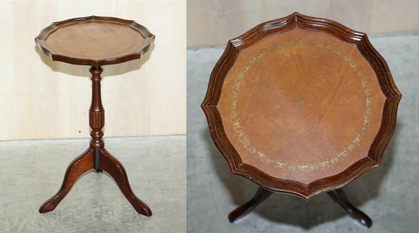 Lovely Vintage Pie Crust Edge Brown Leather Tripod Side End Lamp Wine Table