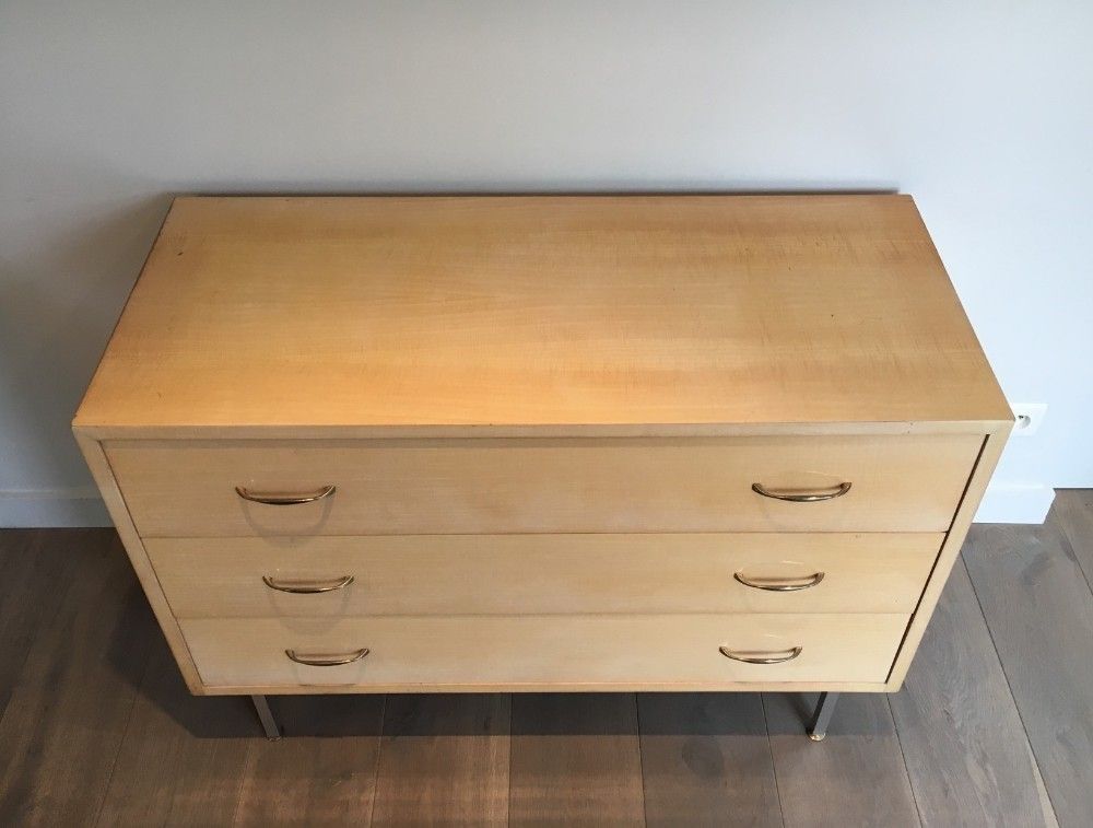 In The Style Of Knoll. Egg Shell Lacquered Commode With Brushed Steel Feet. French . Circa 1970 photo Furniture