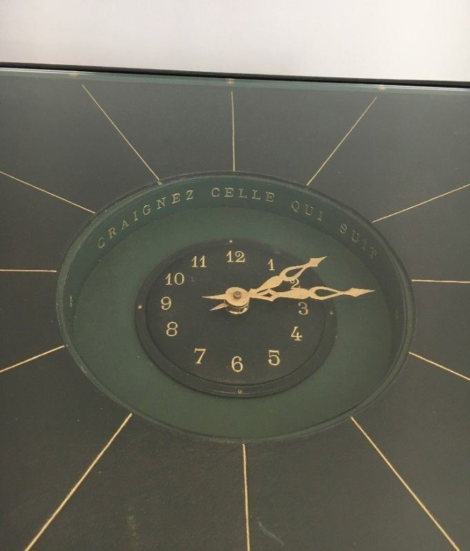 In The Style Of Jacques Adnet. Rare Black Leather And Brass Small Clock Table. French. Circa 1950 photo Furniture