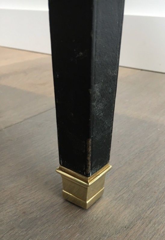 In The Style Of Jacques Adnet. Rare Black Leather And Brass Small Clock Table. French. Circa 1950 photo 1056.0