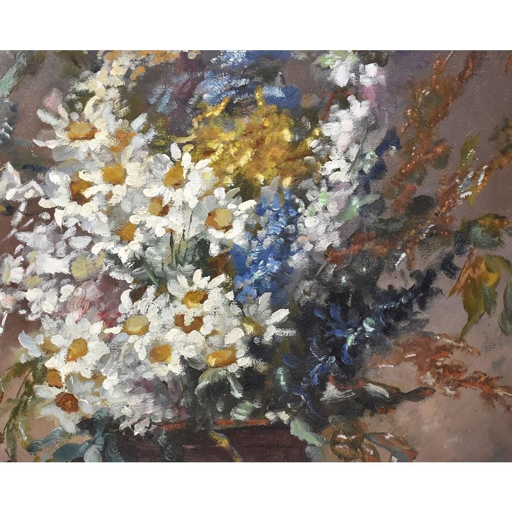 Still Life Painting, White Daisies, Coppenolle, Antique Oil, XIX Century. (Qf393) photo Art