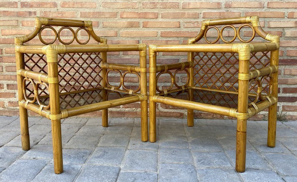 Bamboo & Rattan Nightstands With Low Glass Shelves, Italy, 1960s, Set Of 2 photo Furniture