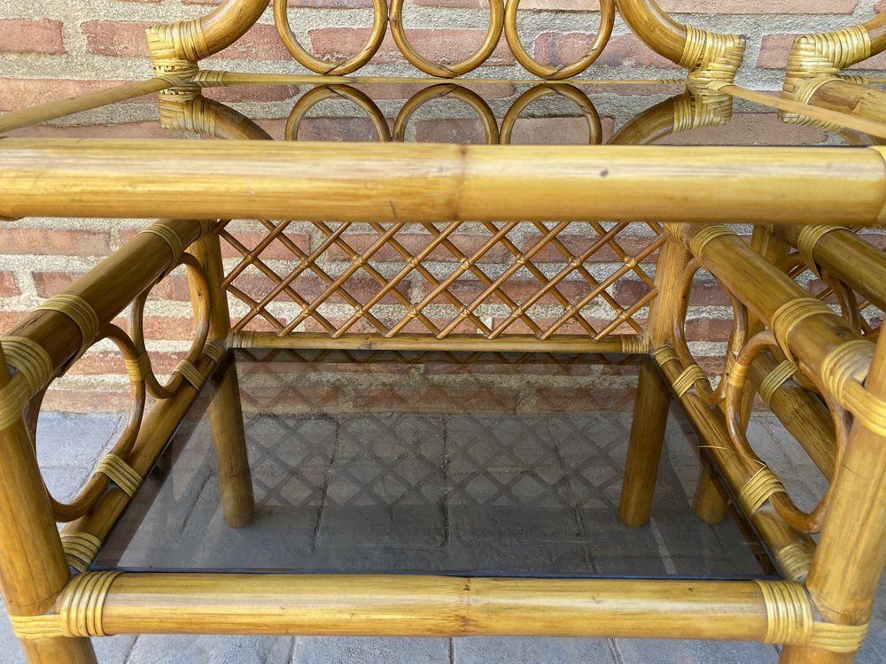 Bamboo & Rattan Nightstands With Low Glass Shelves, Italy, 1960s, Set Of 2 photo 2643.0