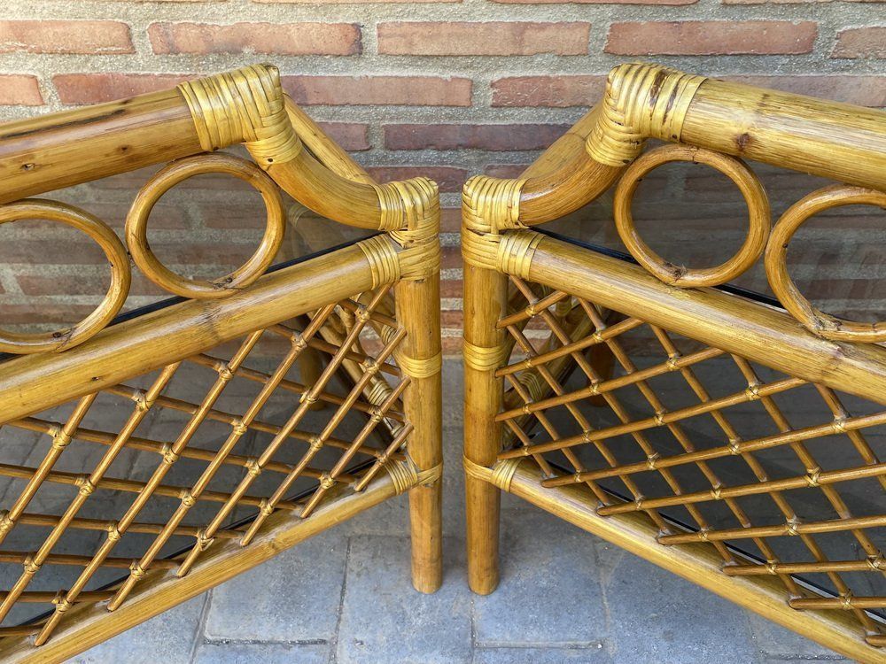 Bamboo & Rattan Nightstands With Low Glass Shelves, Italy, 1960s, Set Of 2 photo vintage