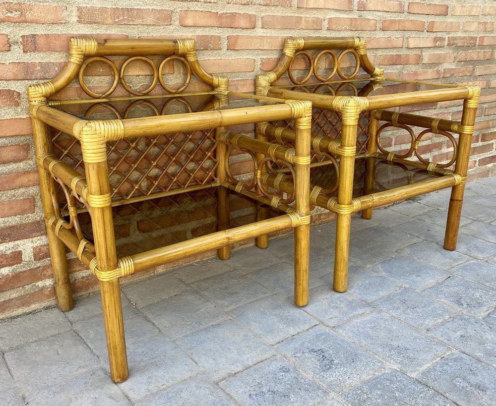 photo furniture Bamboo & Rattan Nightstands With Low Glass Shelves, Italy, 1960s, Set Of 2