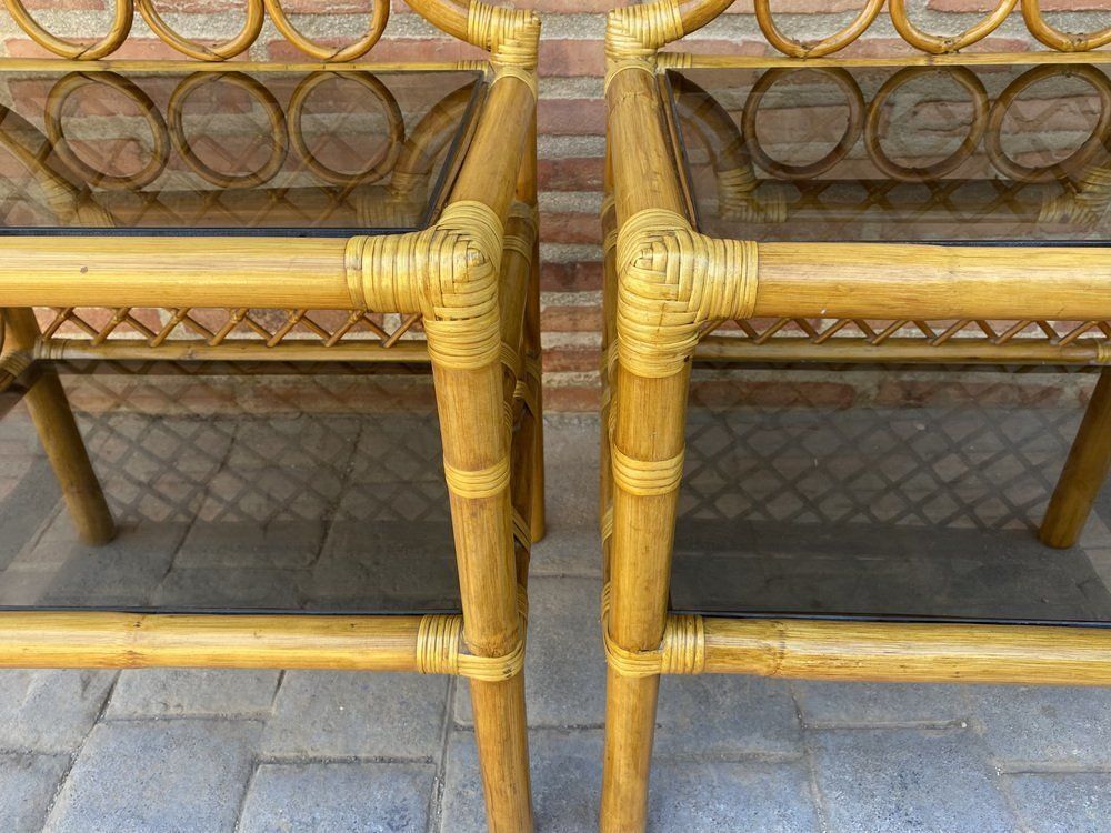 Furniture Bamboo & Rattan Nightstands With Low Glass Shelves, Italy, 1960s, Set Of 2 photo
