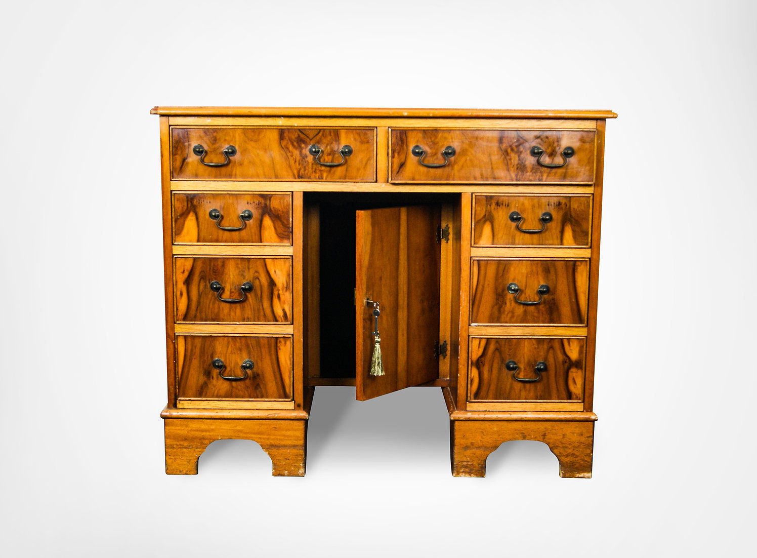 Antique Queen Anne Style Burr Wood Double Pedestal Kneehole Desk With Key