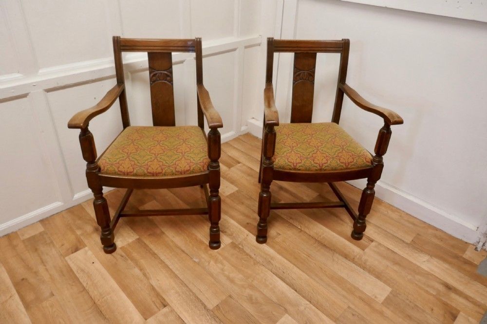 Pair Of Arts And Crafts Golden Oak Carver Chairs photo furniture