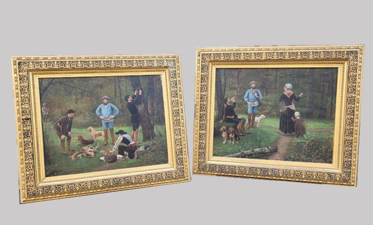 F Brillaud, Pair Of Paintings, Hunting Scenes, Xixth Century