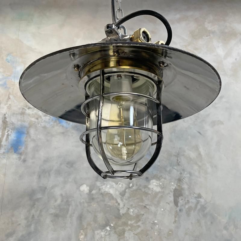 1980's Japanese Cast Steel Explosion Proof Pendant   Glass Dome, Shade & Cage photo for sale