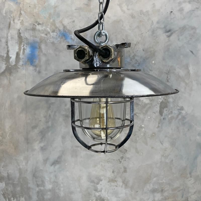 1980's Japanese Cast Steel Explosion Proof Pendant   Glass Dome, Shade & Cage photo buy