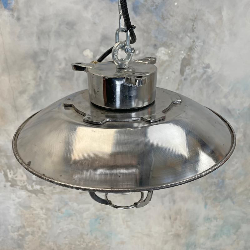 photo vintage 1980's Japanese Cast Steel Explosion Proof Pendant   Glass Dome, Shade & Cage