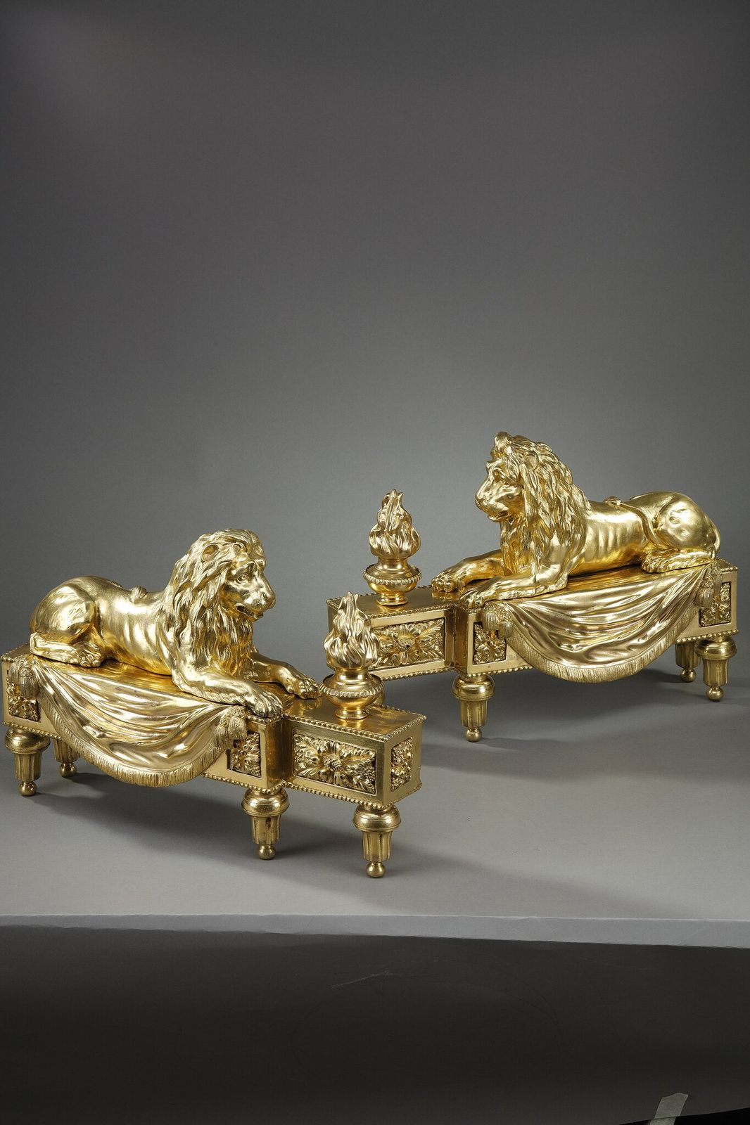 Pair Of Andirons With Lions In Bronze Chased And Gilded photo furniture