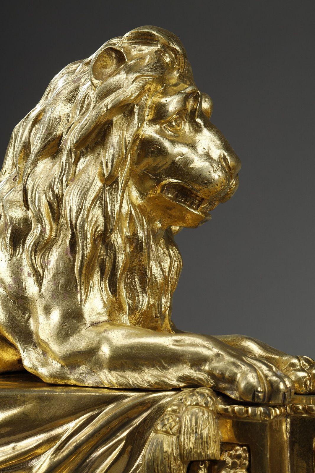 Art Pair Of Andirons With Lions In Bronze Chased And Gilded photo