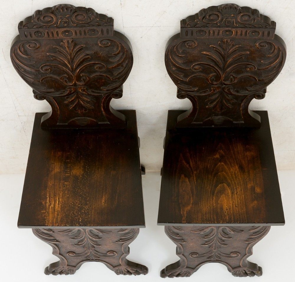 Pair Italian Hall Chairs Hand Carved Lime Wood Circa 1890 photo vinterior