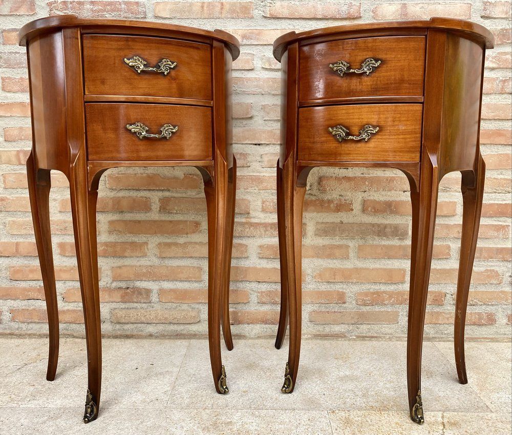 French Walnut Demilune Bedside Tables Or Nightstands With 2 Drawers, Set Of 2