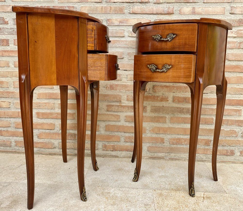 French Walnut Demilune Bedside Tables Or Nightstands With 2 Drawers, Set Of 2 photo vinterior