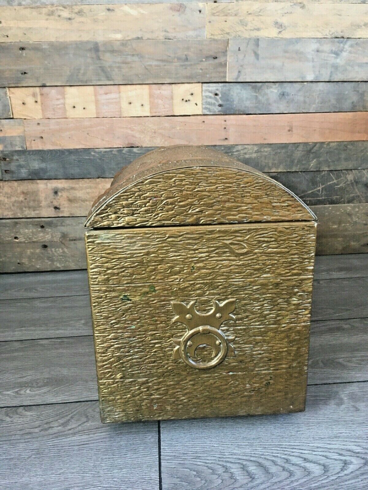 Antique Brass Wood Effect Treasure Chest Log Coal Box Storage Bin Kindling Toy photo vinterior