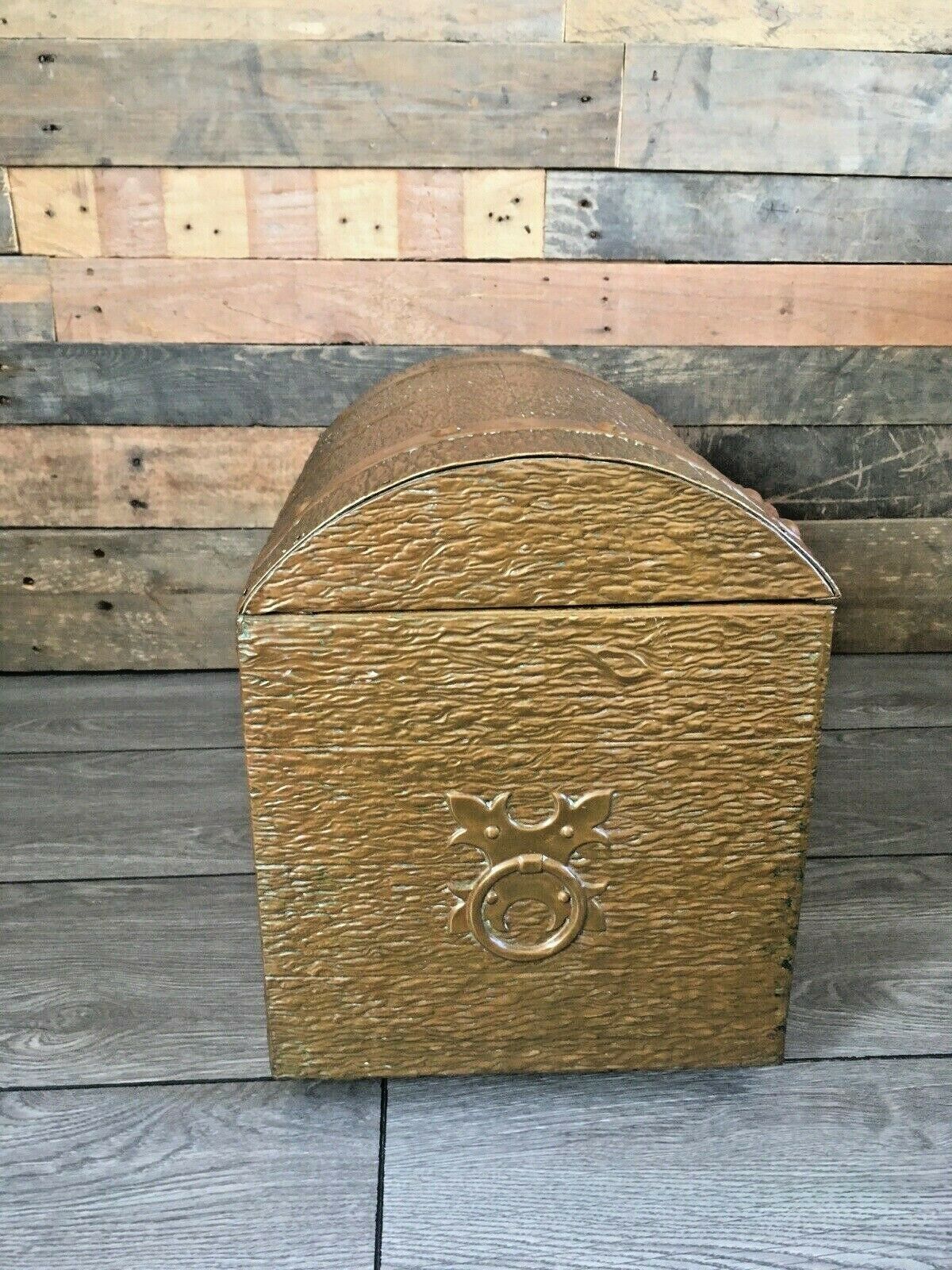 Antique Brass Wood Effect Treasure Chest Log Coal Box Storage Bin Kindling Toy photo vintage