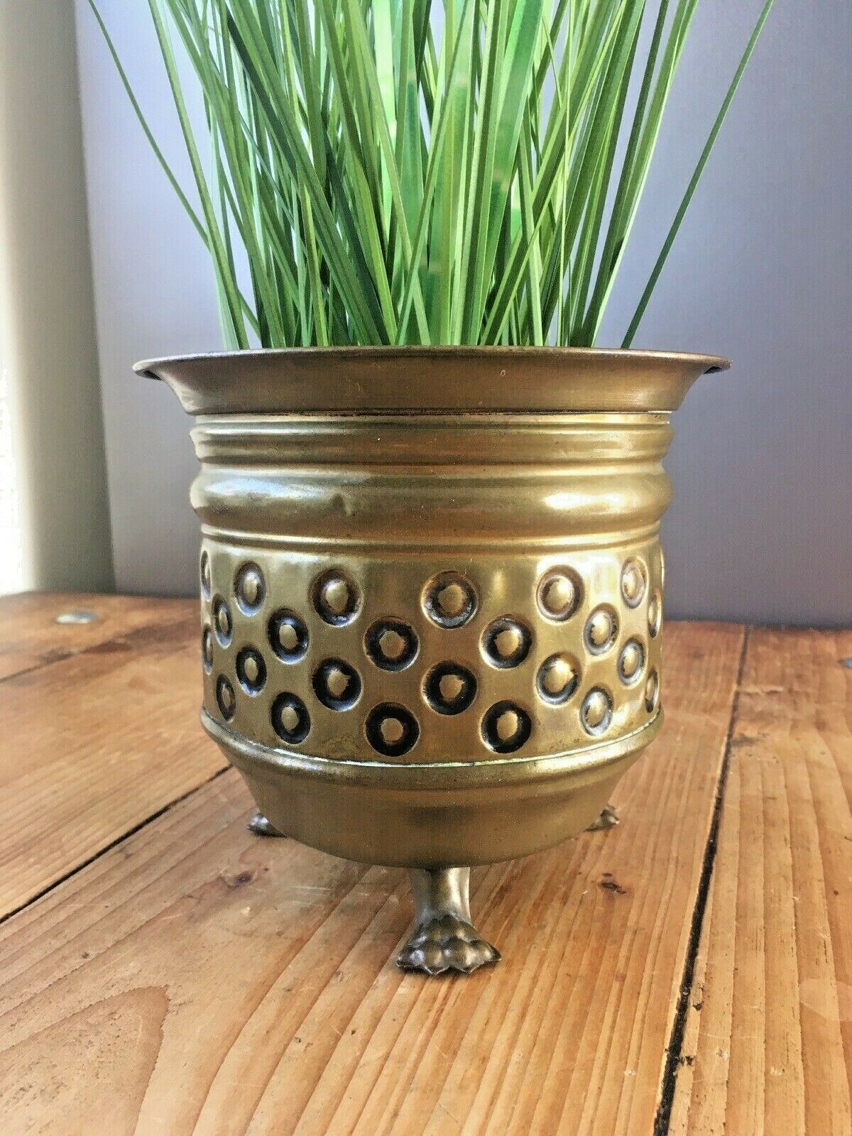 Vintage Retro Brass Circle Planter Lion Feet Flower Plant Pot Boho 70's Antique photo furniture
