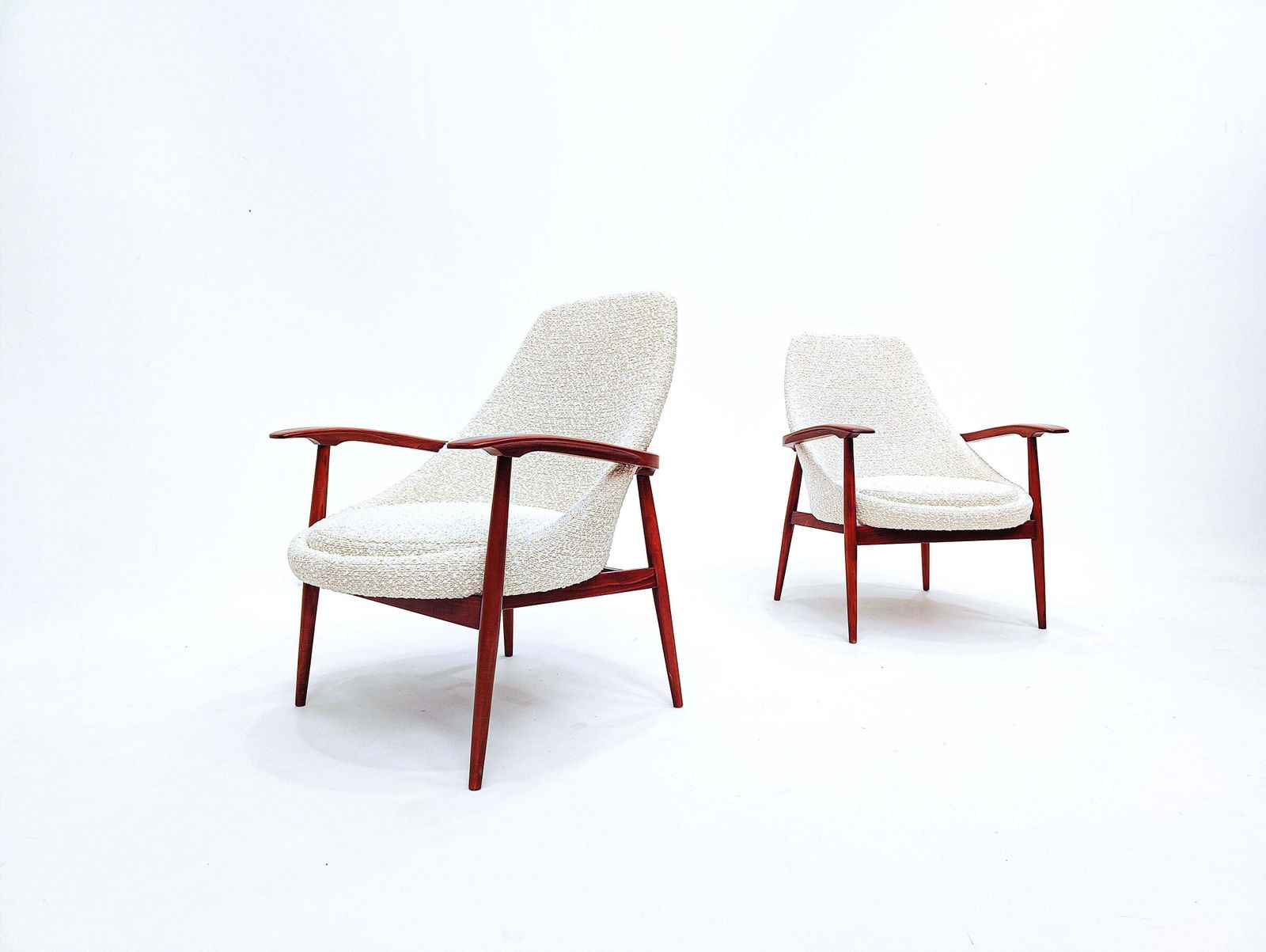 Pair Of Mid Century Armchairs, Wood And White Boucle Fabric, Italy 1960s photo for sale