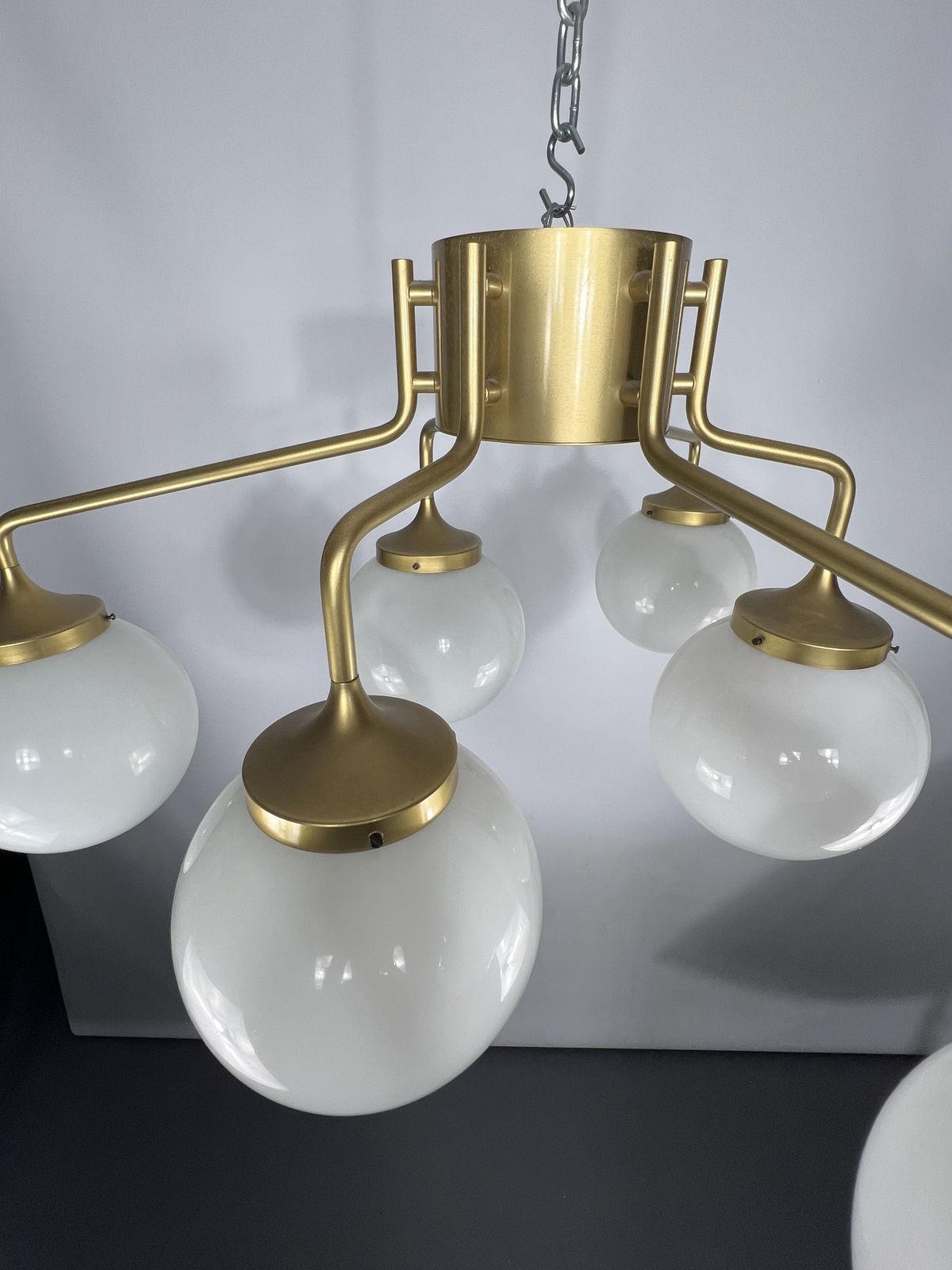Monumental Mid Century Brass And Milk Glass Ceiling Lamp By Reggiani. Italy 1970s photo 5951.4