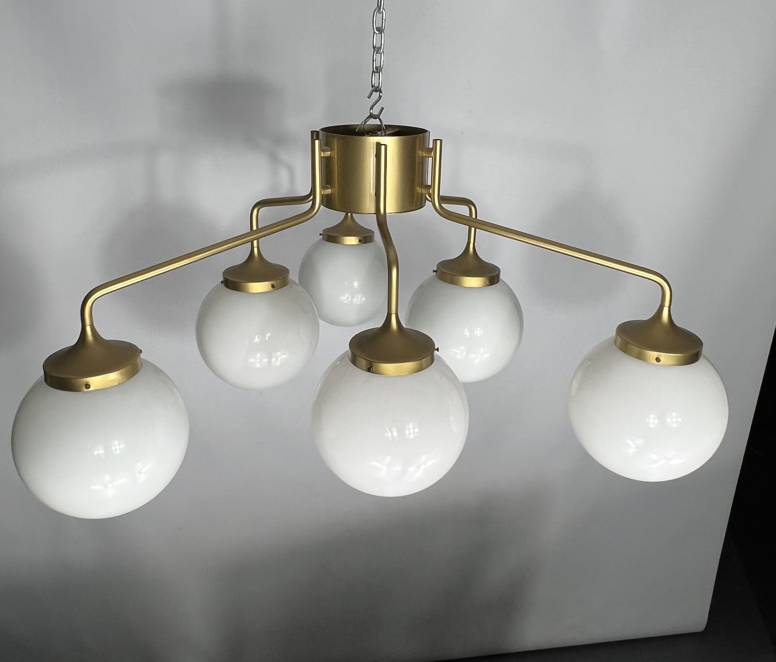 Monumental Mid Century Brass And Milk Glass Ceiling Lamp By Reggiani. Italy 1970s photo vintage