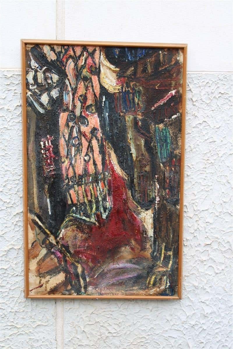 photo vinterior Oil Abstract Painting Materic On Canvas Sack 1950 Italian Design Multicolor
