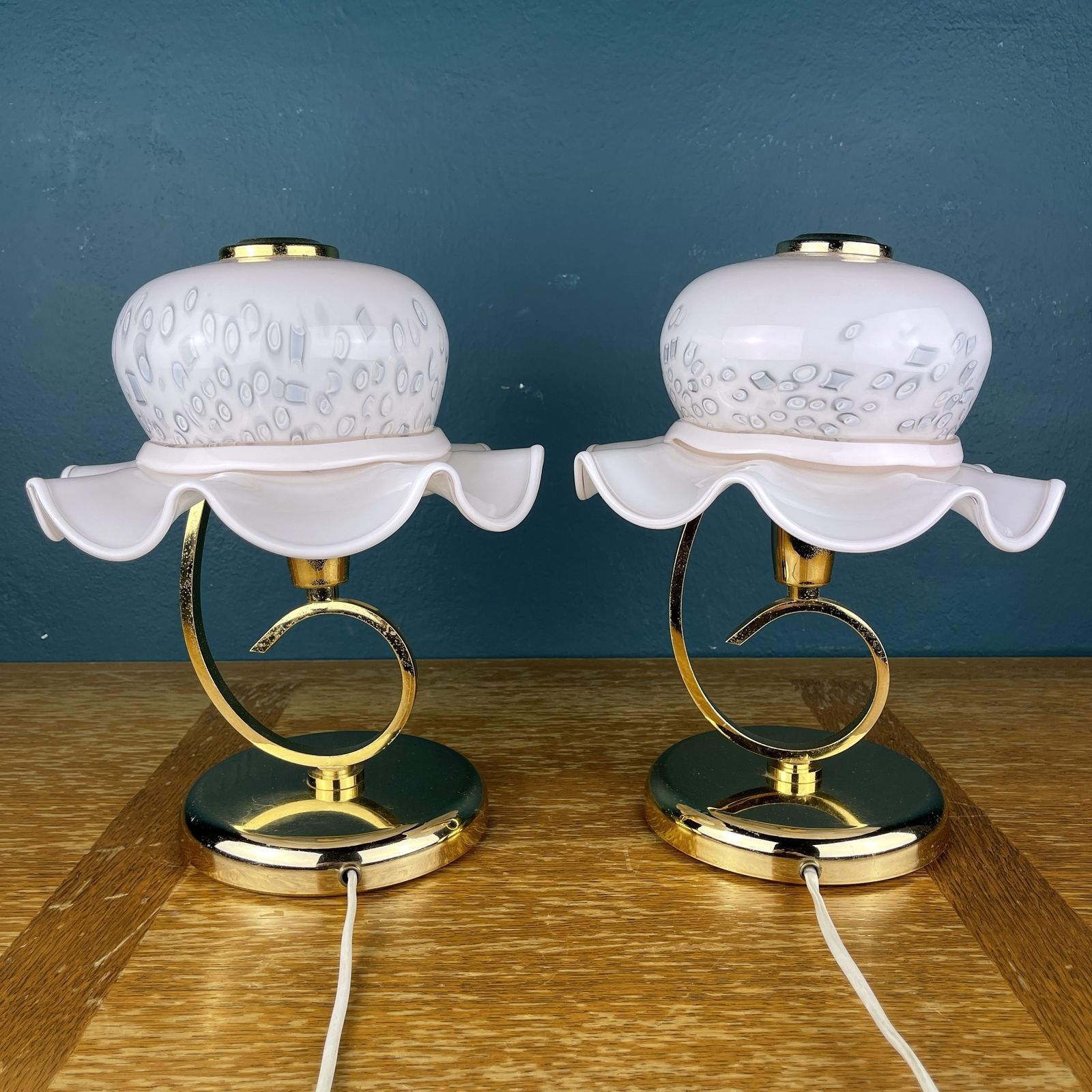 Pair Of 2 Pink Murano Table Lamps Italy 1980s Woman's Hat Murano Lamp photo vintage