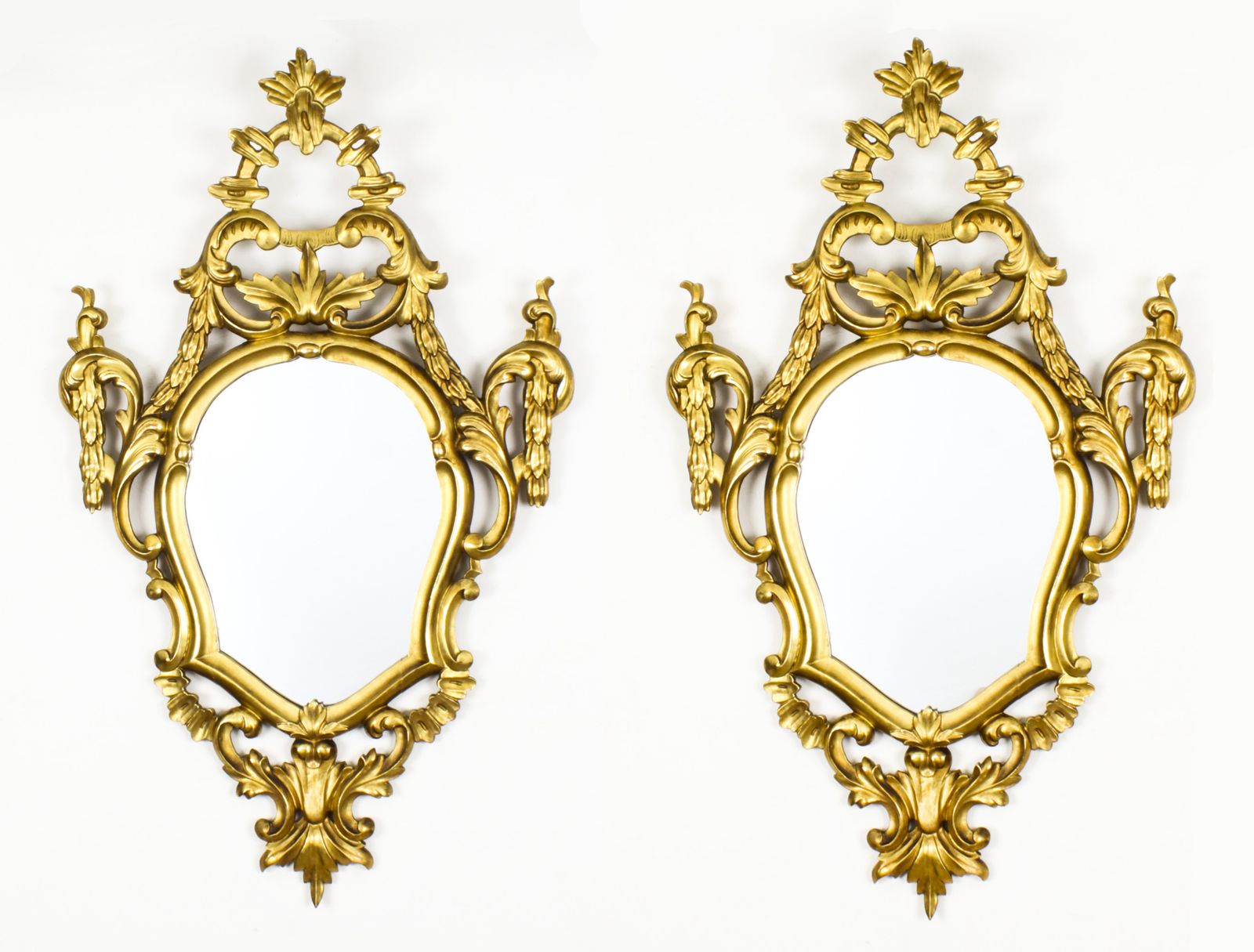 Antique Pair Florentine Rococo Giltwood Mirrors 19th Century  102x63cm