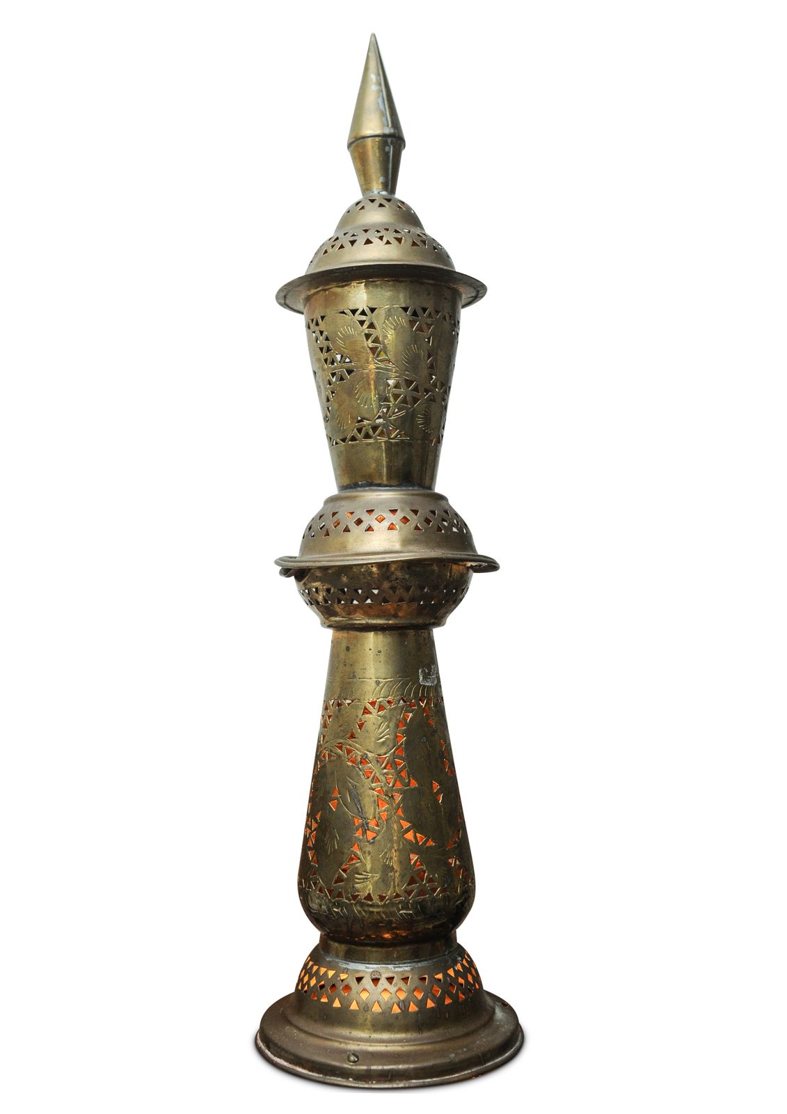 Early 20th Century Decorative Handmade Middle Eastern Art Brass Table Lamp With Pierced Detailing On A Circular Wooden Base Ol photo furniture