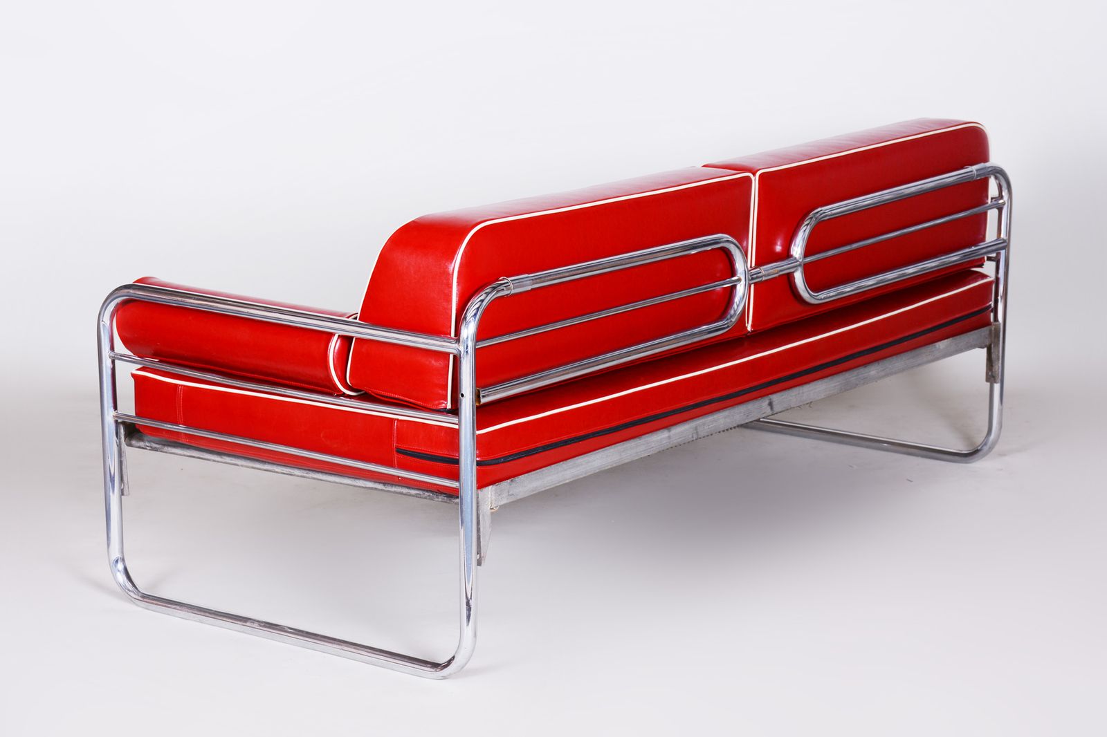 Furniture Red Leather Sofa Made In 1930s Czechia By Hynekk Gottwald   Fully Restored photo