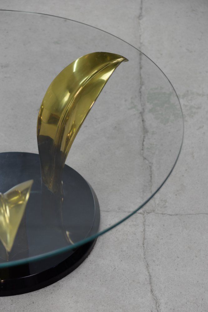 Vintage Hollywood Regency Glass & Brass Palm Leaf Cocktail Coffee Table, 1970s photo buy