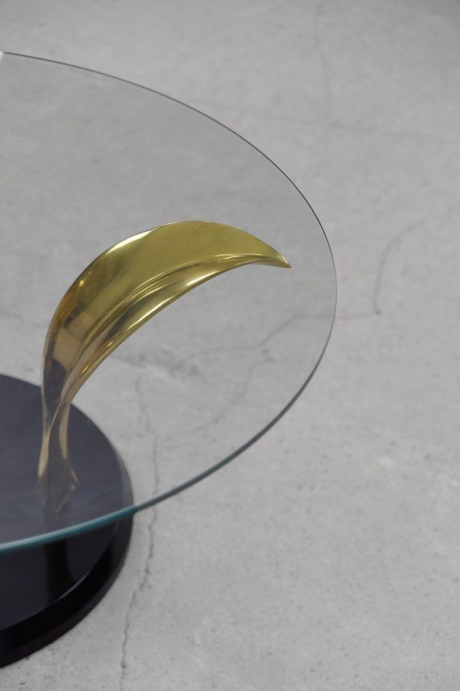 photo furniture Vintage Hollywood Regency Glass & Brass Palm Leaf Cocktail Coffee Table, 1970s