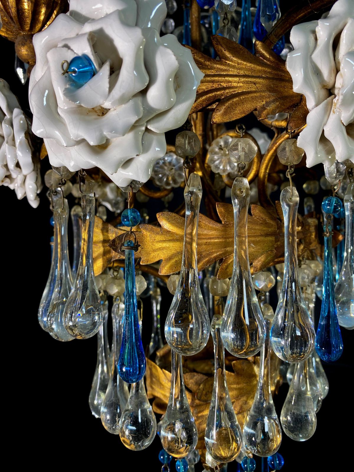 photo furniture Lovely Chandelier With White Roses And Blue Drops, Murano, 1950s