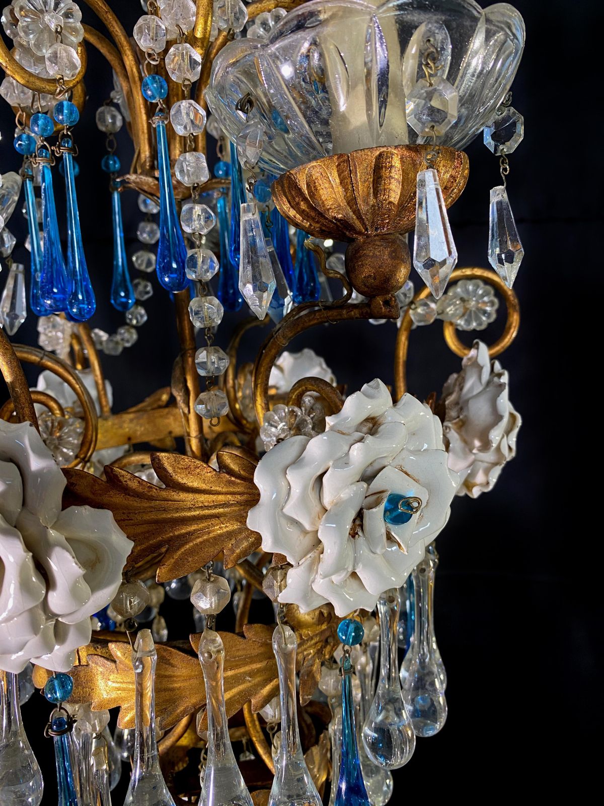 Lighting Lovely Chandelier With White Roses And Blue Drops, Murano, 1950s photo
