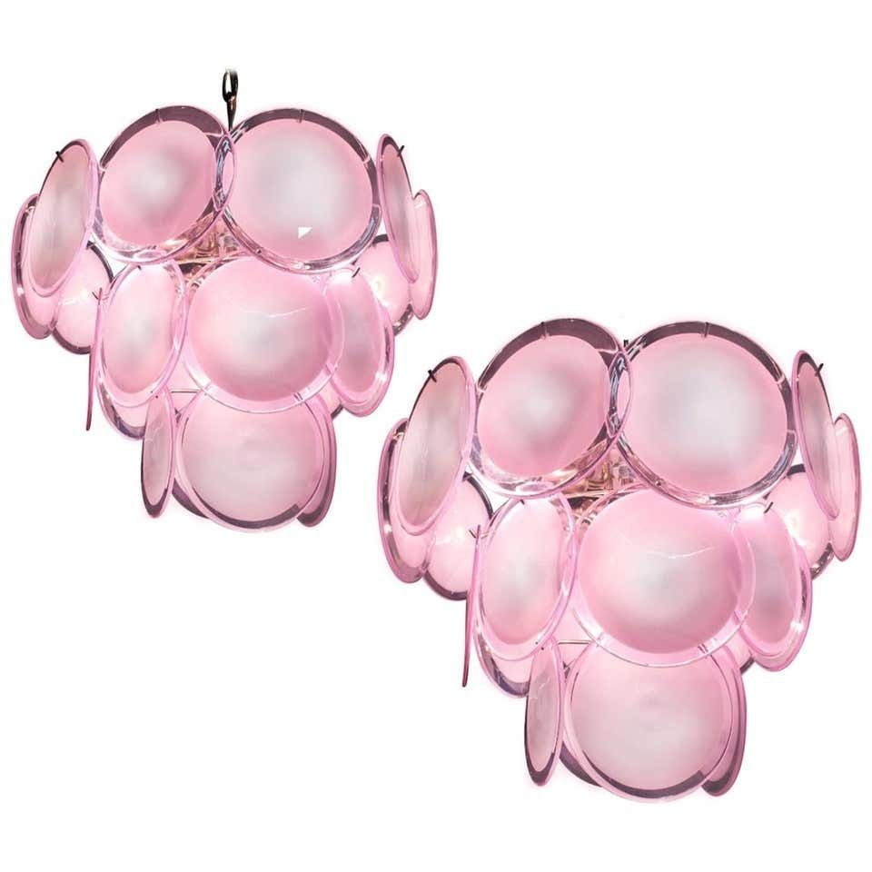 Pair Of Disc Murano Glass Chandeliers By Vistosi Style