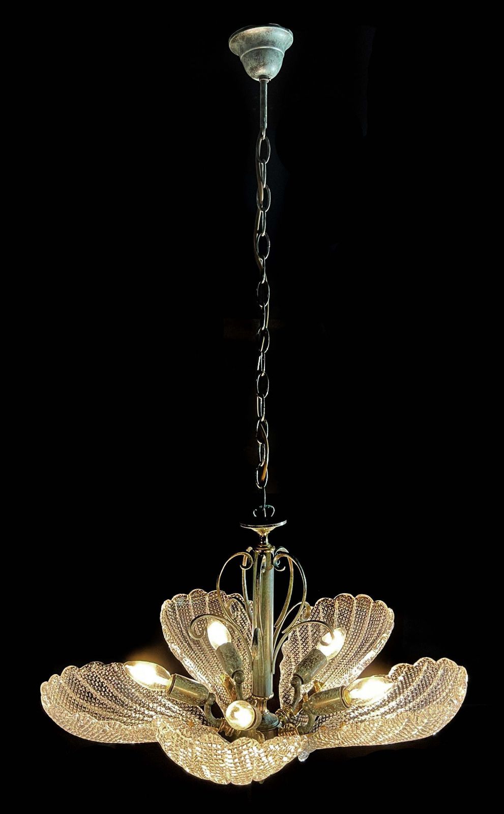 Italian Chandelier Five Leaves With Golden Details, Murano 1990 photo furniture