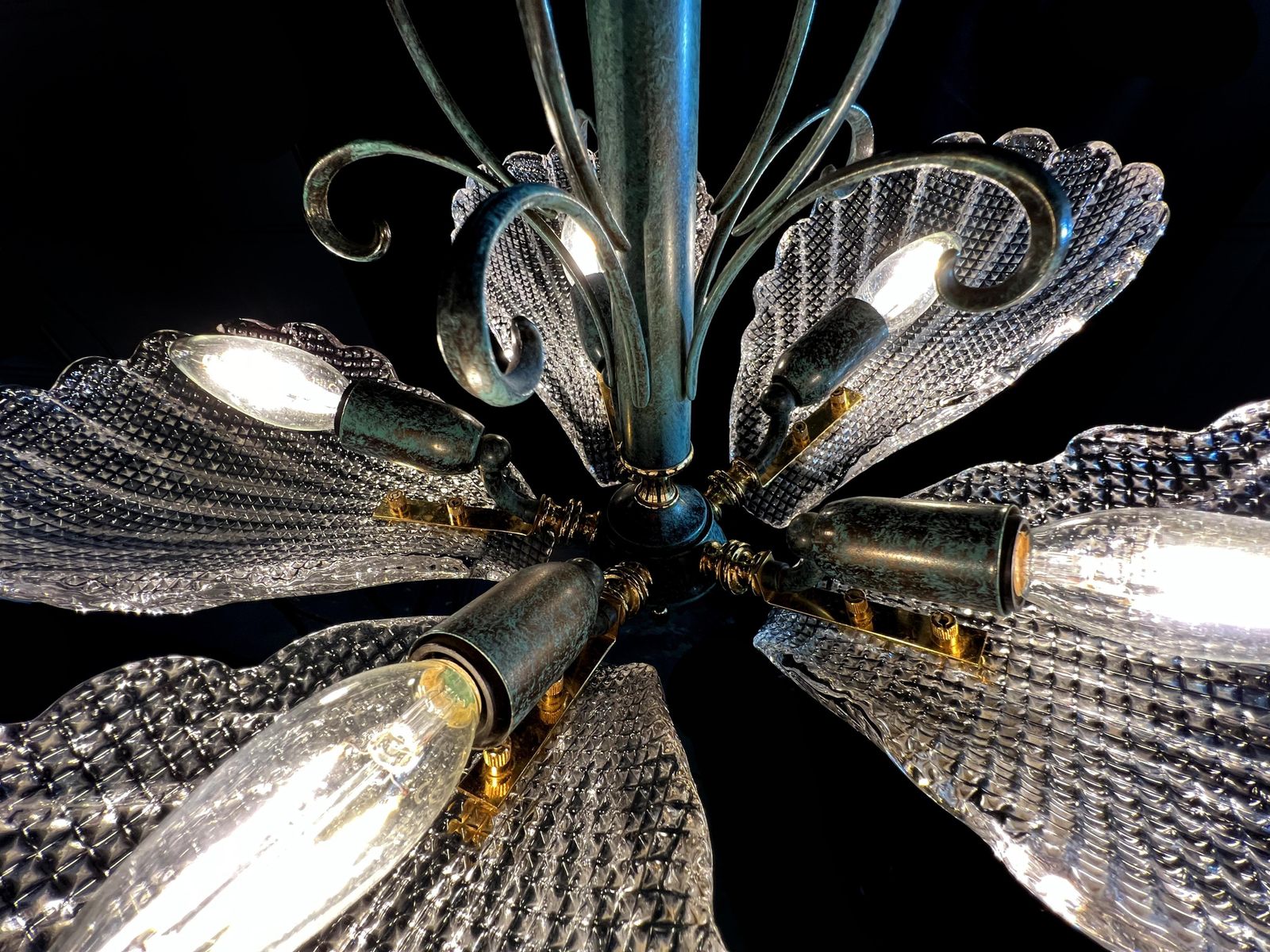 photo furniture Italian Chandelier Five Leaves With Golden Details, Murano 1990