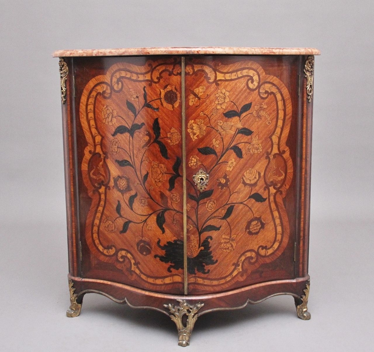 18th Century French Inlaid Tulipwood And Marble Top Corner Cupboard